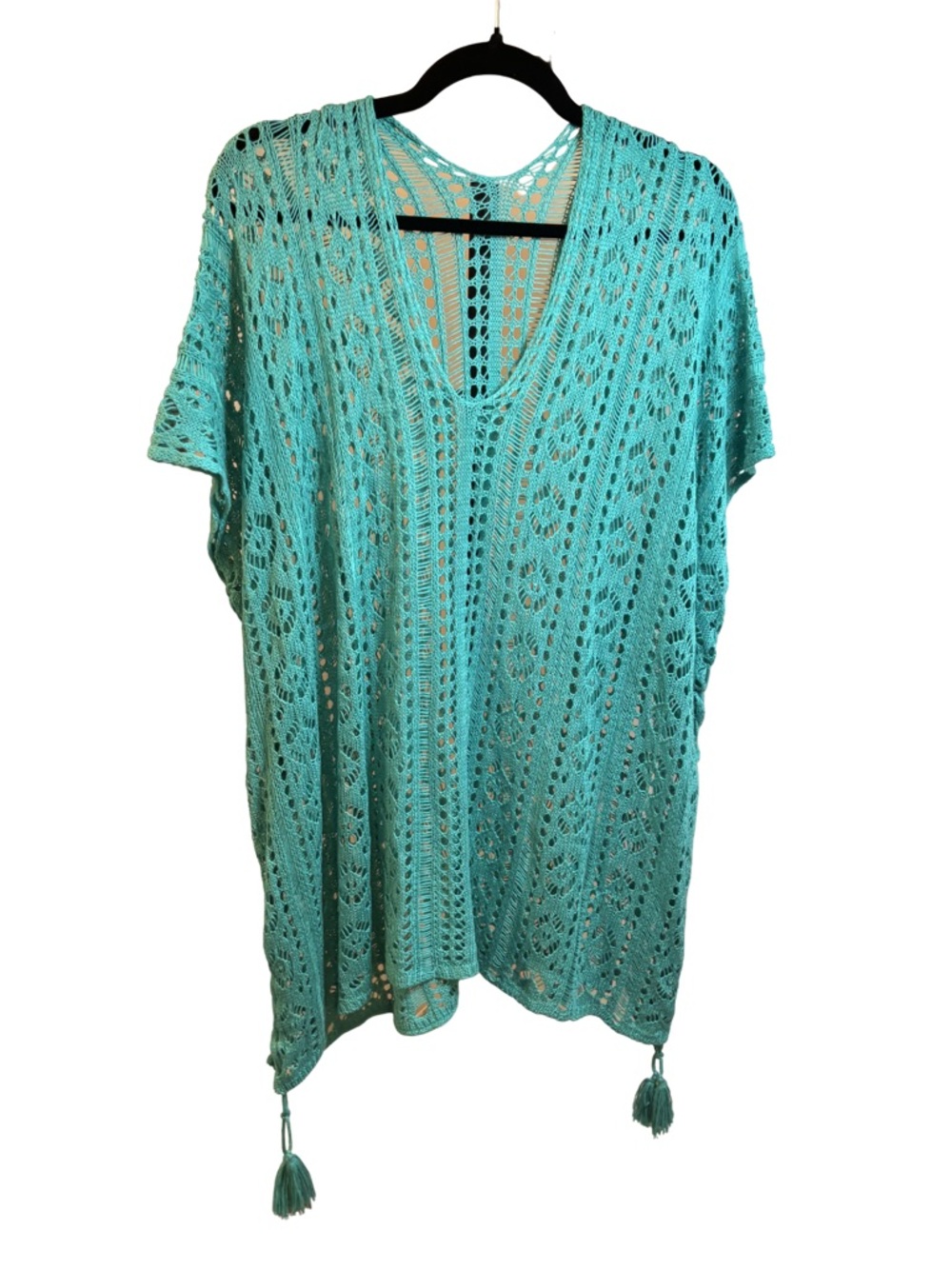 Crochet V-Neck Swim Cover-Up Tunic in Aqua With Tassels OS